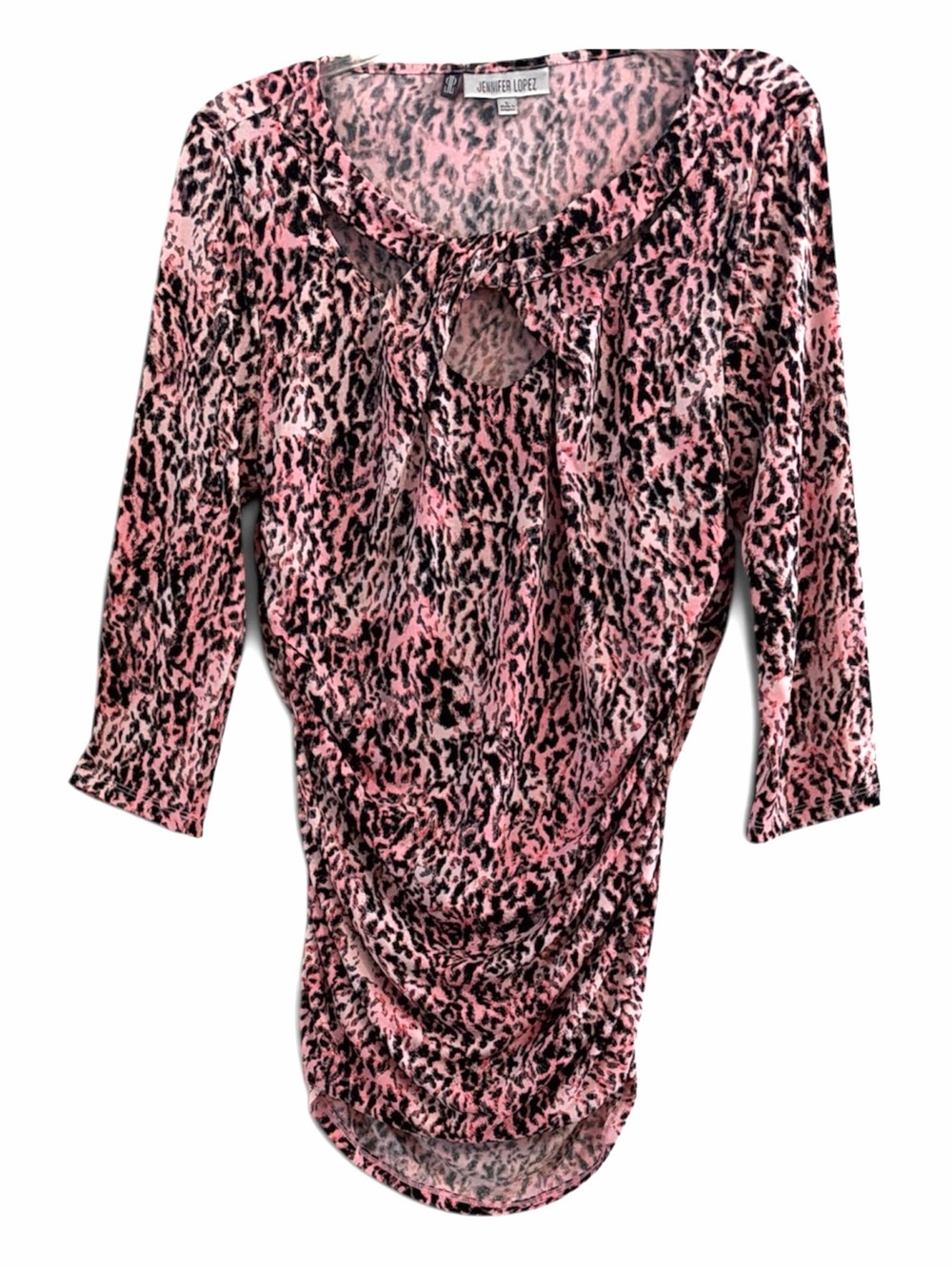 Jennifer Lopez Pink Black Animal Print Ruched Keyhole Blouse Top Women's Size L